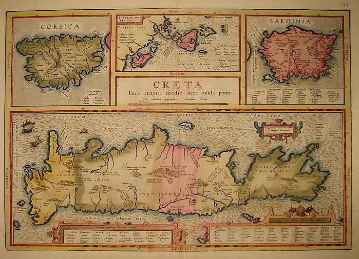 Ortelius Abraham (1528-1598) Creta Iovis magni, medio iacet insula ponto. Corsica. Insulae Maris Ionii. Sardinia 1603 Anversa, Jean Baptiste Vrients 